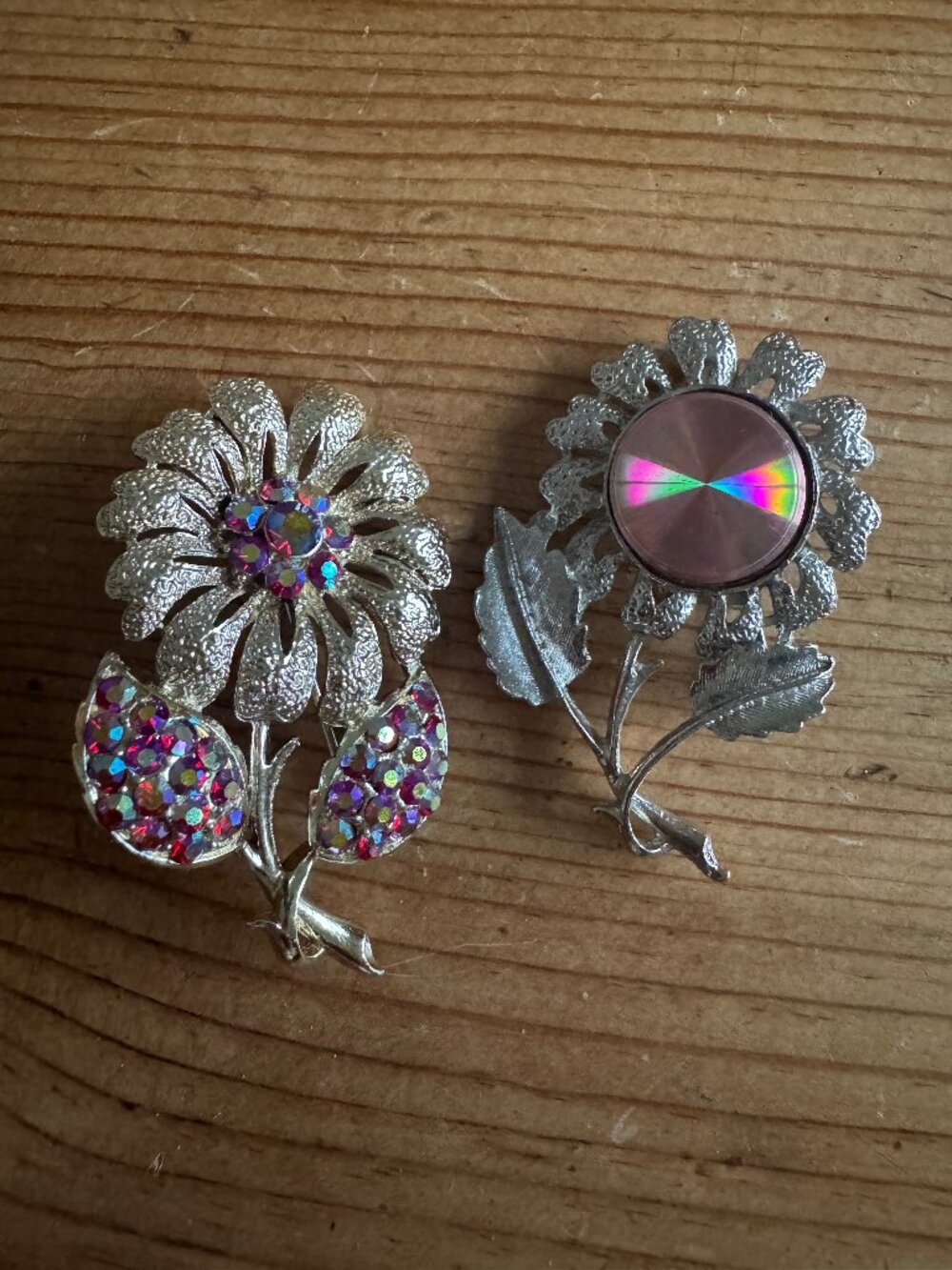 Vintage Flower Brooch Lot 2 Fuchsia AB Rhinestone Daisy Pink Holographic Silver